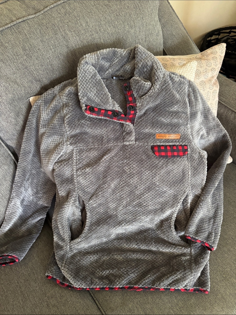 Simply Southern Girl’s Gray Sherpa Pullover with Red Plaid Trim
